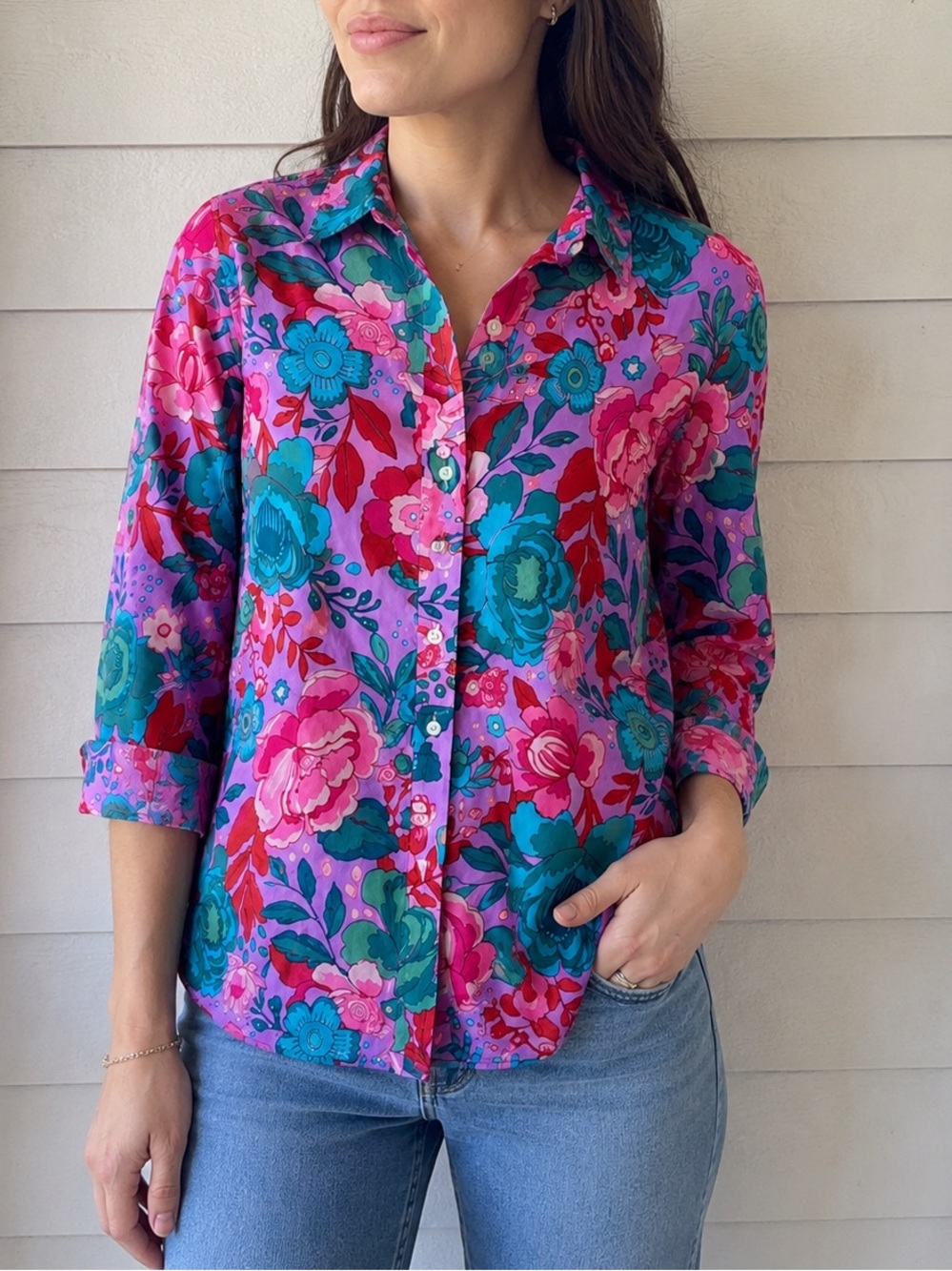 Talbots Floral Button Down Shirt Women MP Pink Blue Cotton Long Sleeve Petite